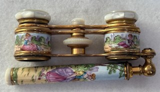 ANTIQUE FRENCH ENAMEL COLMONT LORGNETTE OPERA GLASSES w/HAND PAINTED FIGURES