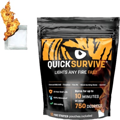 QuickSurvive Fire Starter 12 Pack 100% Waterproof Proprietary Paraffin Formula