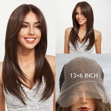 13x6 Lace Front Wig Straight Dark Brown Wigs Layered Cut Synthetic Pre Plucked