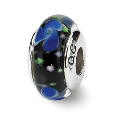 Blue Hand Blown Glass Bead .925 Sterling Silver Antiqued Reflection Beads