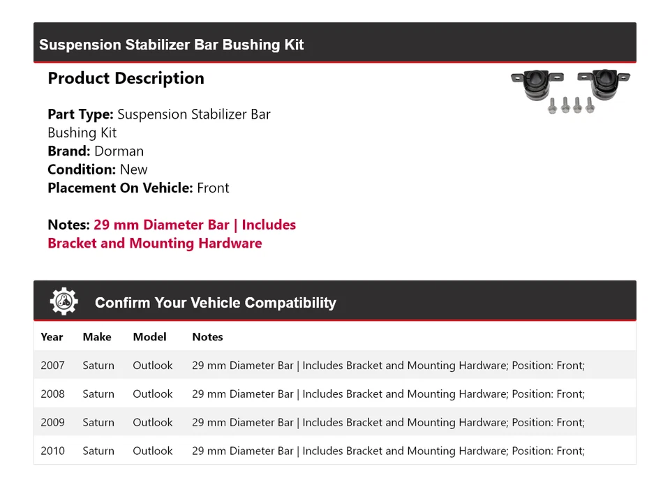 Kit de buje de barra estabilizadora de suspensión delantera Saturn Outlook Dorman 2007-2010 Foto 2 de 4