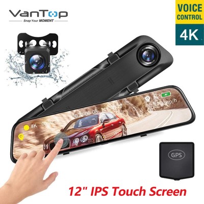12'' Mirror 4K Dual Dash Cam Front and Rear GPS Car Camera Recorder Voice Control