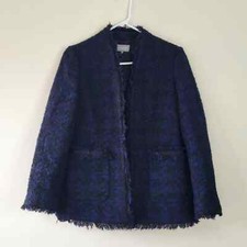 Jaeger Women's Size 6 Houndstooth Fringe Blazer Jacket Blue Black Wool Blend