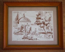 VINTAGE Mid Century Modern ART PRINT Framed  LADY WITH BABY STROLLER