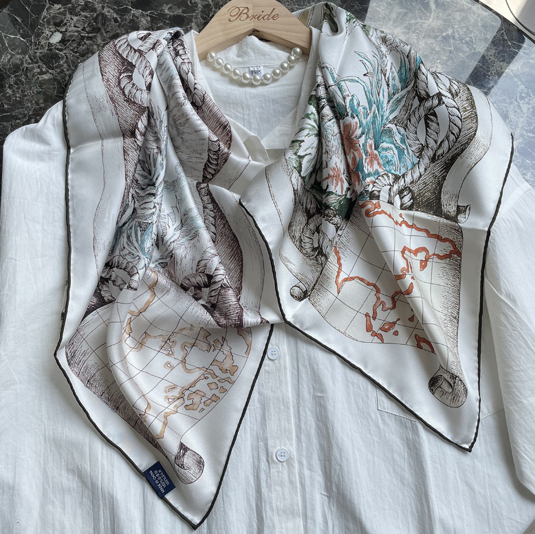 Pure 18 Momme Twill Silk Bandanna Scarf Wrap in Tussock Print 88x88cm Square Shawl