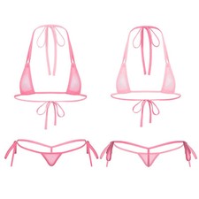 Women 2Pcs Lingerie Set Self Tie Mesh Sheer Micro Bikini Set Bra Top Swimwear