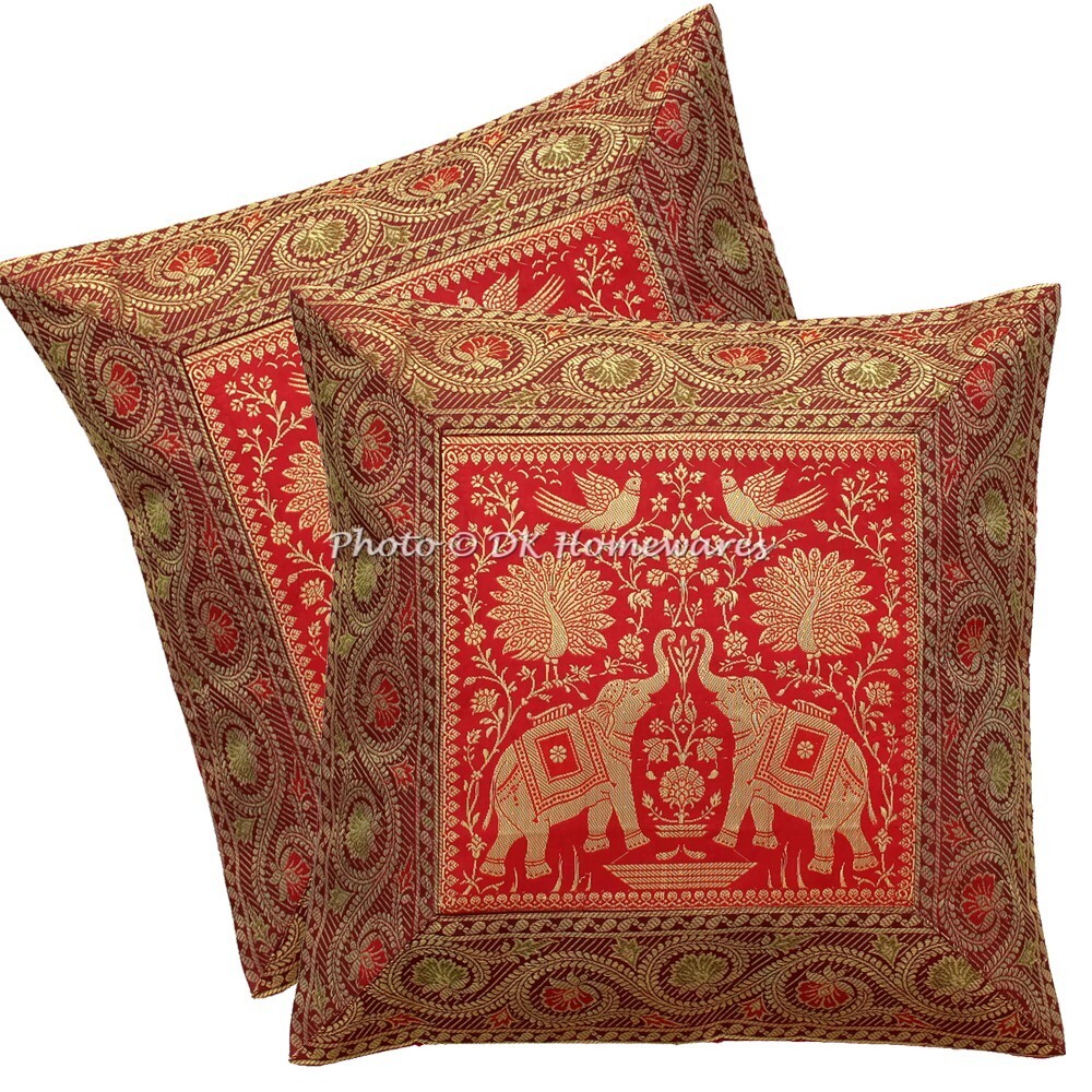 Bohemian Brocade Throw Pillow Covers 40x40 cm Elephant Indian Set Of 2 Cushion