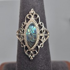 Vintage JC Sterling Silver 925 Filigree Ring Marquise Abalone Shell Inlay Sz 6.5