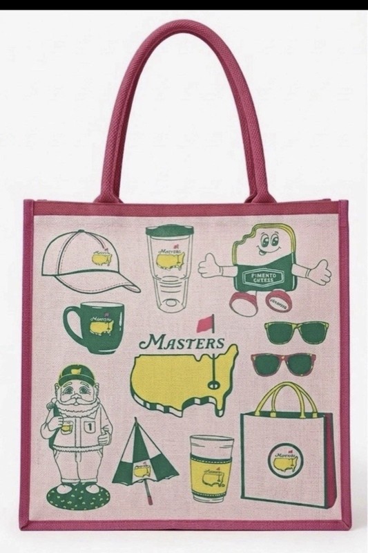 2026 Masters Limited Pink Jute Tote Bag Pink Green Yellow Gnome