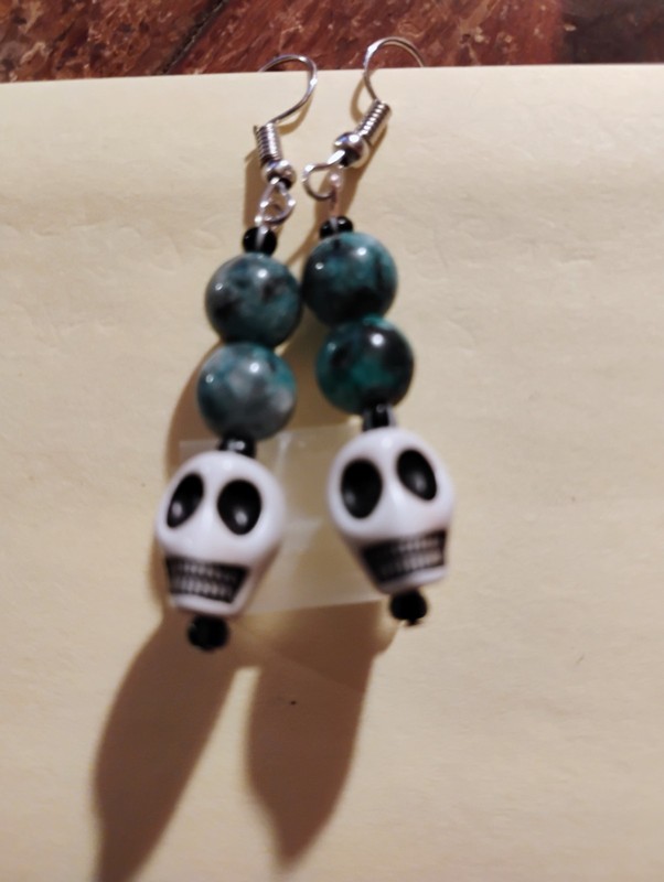 Handmade Turquoise Skull Dangle Earrings W/Stone Beads