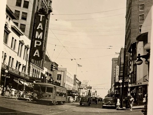 Tampa Theater Florida Streetscape Streetcar Neon Signs Vintage Photo Franklin St