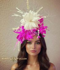 Kentucky Derby Oaks Fascinator Hat Hot Pink Fuchsia Feather Hat Off White Cream