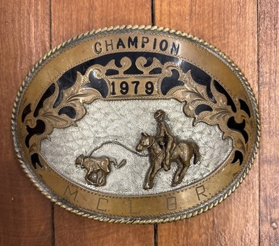 Original 1979 CHAMPIAN Rodeo Trophy Belt Buckle BAR-J German Silver DENVER CO