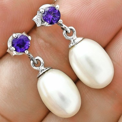 Handcrafted 925 Silver Pearl Drop Earrings with Natural Cut Gemstone AGE1022