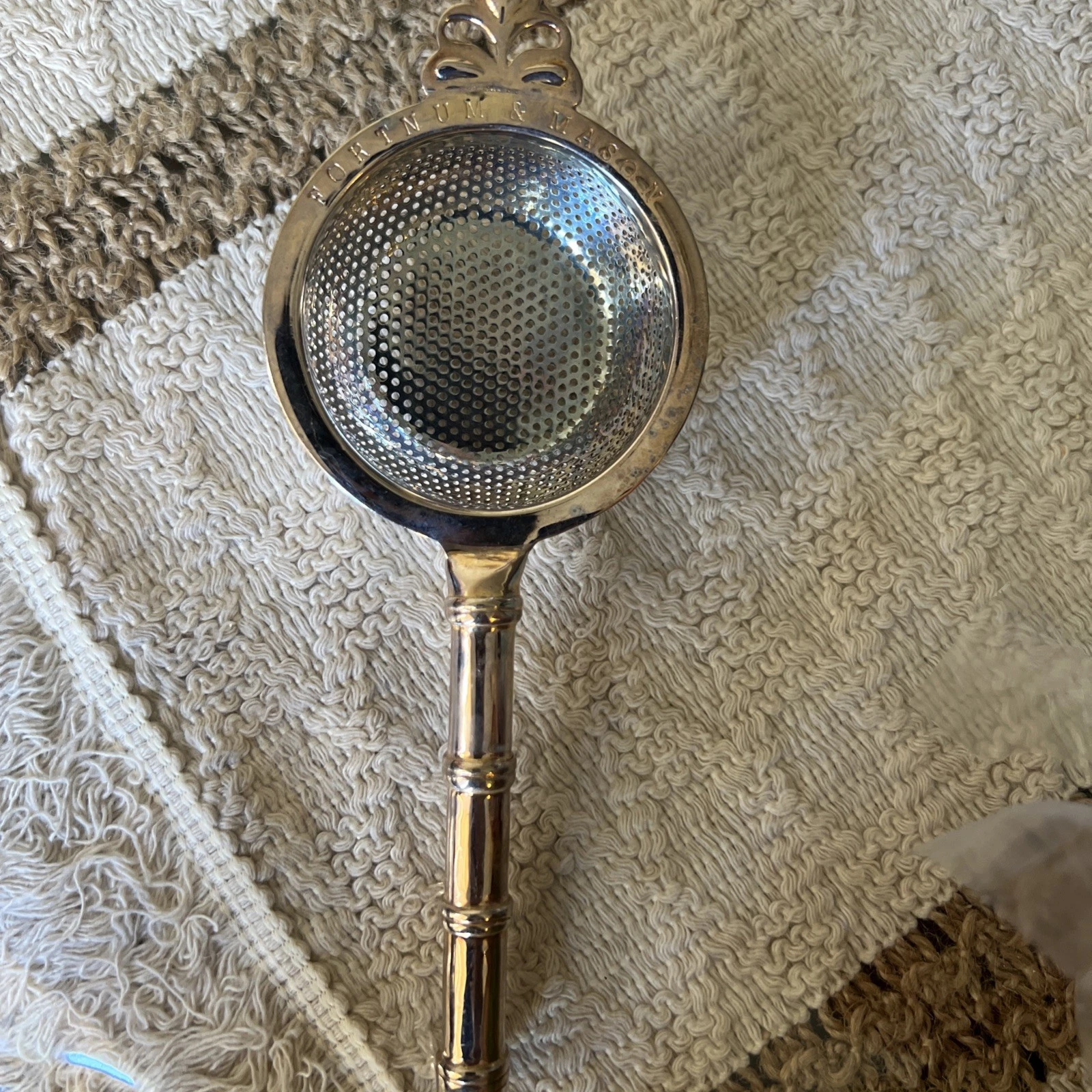 Silverplate FORTNUM & MASON TEA STRAINER With”bamboo” Style Handle