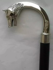 Vintage Brass Silver Wolf Head Handle Victorian Wooden Walking Stick Cane Gift