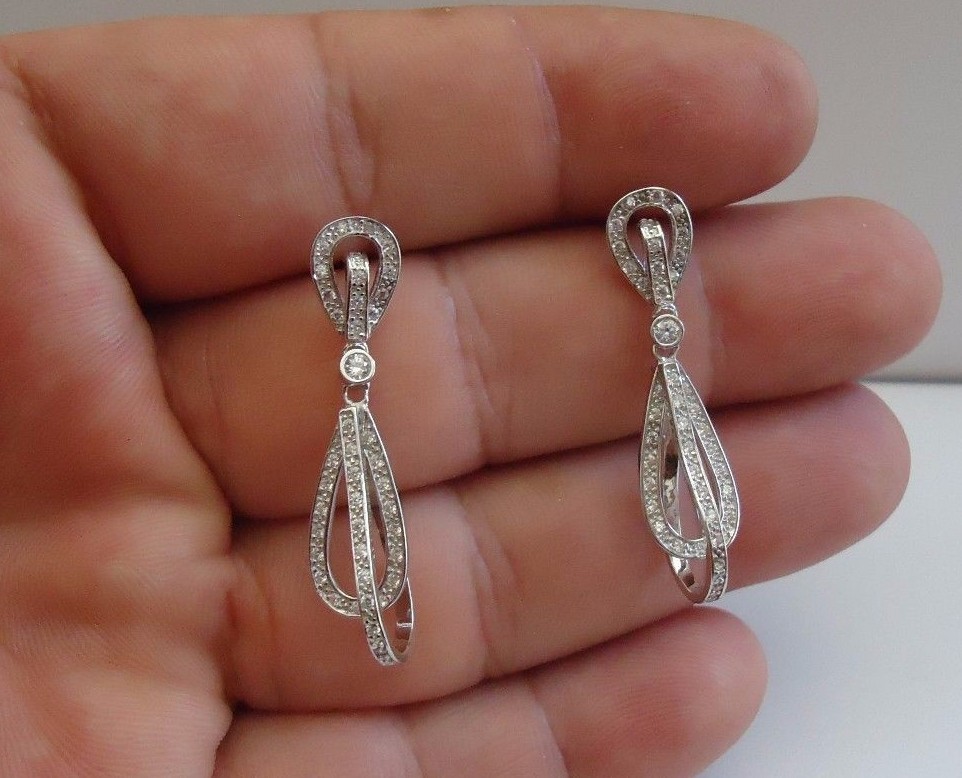 925 STERLING SILVER MICRO PAVE  TEARDROP DANGLING EARRINGS W/ 3 CT ACCENTS