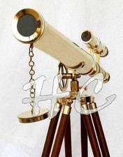 18" Brass Marine Nautical Double Barrel Telescope Navy With Wooden Tripod Stand