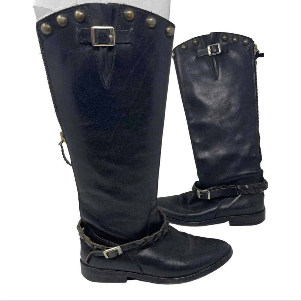 GOLDEN GOOSE Rosebowl Black Leather Custom Brass tall riding Boots 37