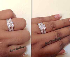 925 Silver Ladies 2 piece Wedding Engagement Princess Cut Bridal Ring Set 