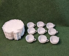 Vintage APPLE TREE OF LIFE Hazel Atlas Milk Glass Snack Set 10 Plates 9 Mugs 