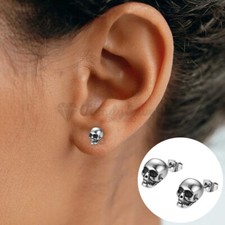 Pair of Silver Skeleton Skull Head Stainless Steel Punk Fashion Stud Earrings UK