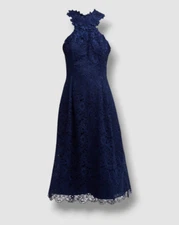 $680 Rickie Freeman for Teri Jon Women's Blue Scalloped Floral Lace Dress Sz 18