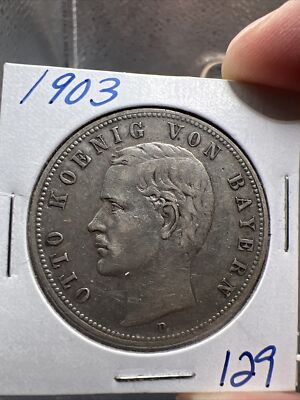 German States Kingdom of Bavaria 1903 D Otto 5 Mark Large Silver Coin