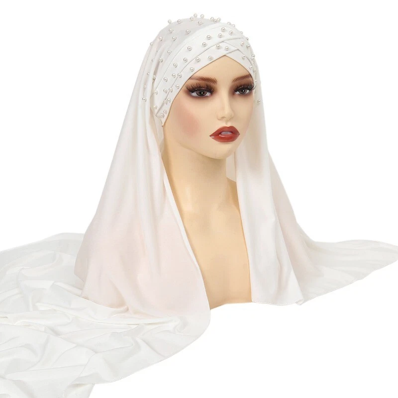 Femmes Hijab Châle Écharpe Perlé Musulmane Turban Chapeau Couleur Unie Cravate L - Photo 4/4
