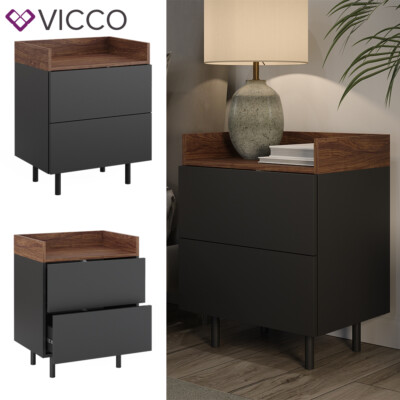 Nachttisch Anika, 54 x 68 cm, Anthrazit Walnussbraun mit 2 Schubfächer Vicco