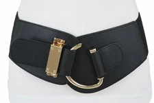 Women Wide Black Fabric Wide Weekend Belt Hook Metal Buckle Adjustable Size L XL