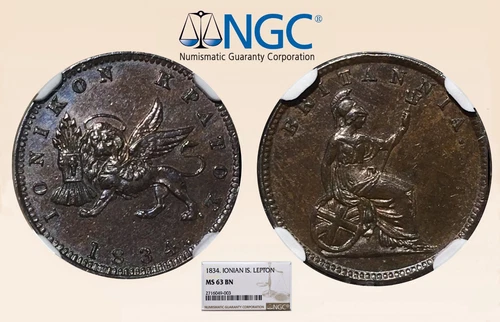 1834 Ionian Islands Lepton NGC MS63BN -  5 exist grade! - RicksCafeAmerican.com