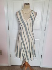 TORY BURCH Stacey Stripe Tweed A-Line Dress Celeste/Verde Crosshatch (Size 4)