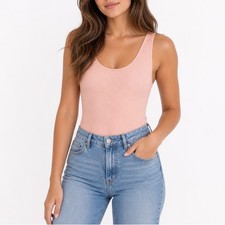 Forever 21 Peach Pink Ribbed Knit Sleeveless Scoop Neck Bodysuit Womens Size M