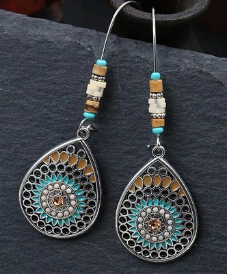 Turquoise Dangle Earrings Filigree Pearl Citrine Sunburst Bohemian Jewelry