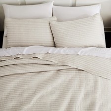 Wdcozy Beige Pick Stitch Queen Size Quilt Set Striped Lightweight Soft Summer