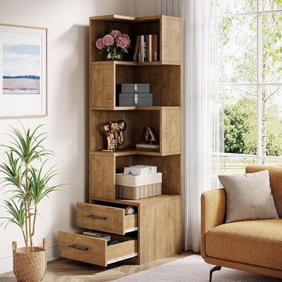 5-Tier Corner Bookshelf with 2 Drawers, 66.9''Tall Modern Corner Bookcase Shelf