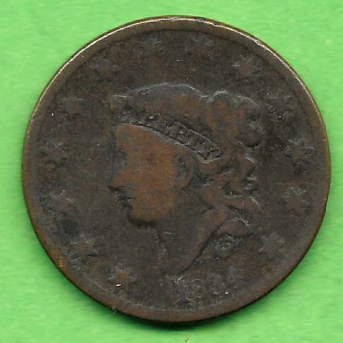 1834 MATRON HEAD, LARGE CENT, LARGE STARS, SMALL '8',  192 YEARS OLD!!!
