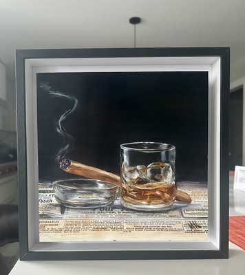 Original Oil Painting Still Life Whiskey And cigar, Newspaper Aluminum  Realism