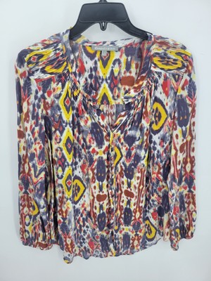 Daniel Rainn Top Womens Small Colorful Aztec Long Sleeve Boho Peasant Popover