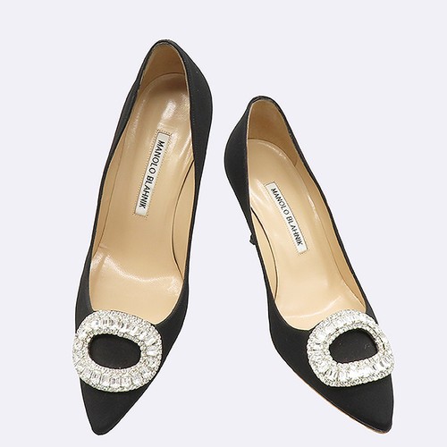 Manolo Blahnik Black Satin Hangisi Crystal Buckle Pumps 36½