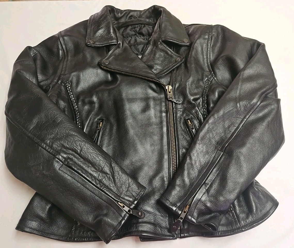 USA Bikers Dream Apparel HEAVY Black Leather Jacket Braided/Studded Zip Liner L