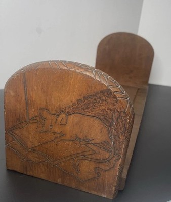 Antique Wood Book Slide Folding Hinged Hand Walnut With Carved Mouse Man