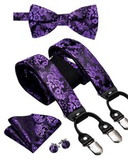 Mens Clips Suspenders and Pretied Bowtie Set Y Shape Adjustable Paisley Check...