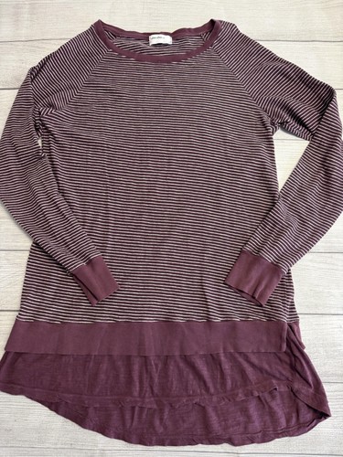 allen allen Shirt Womens Medium Burgundy Stripe Layered Hem Raglan Made USA