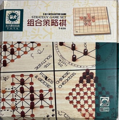 Wooden Strategy Game Set- 5 in 1 Intellective Game (Reversi, Solitaire, & More)