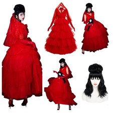 Beetle 2 Lydia Deetz COSPLAY Red Gothic Bride Wedding Dress Veil+Wig full set