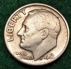 1961 D ROOSEVELT DIME, 90% Silver, circulated