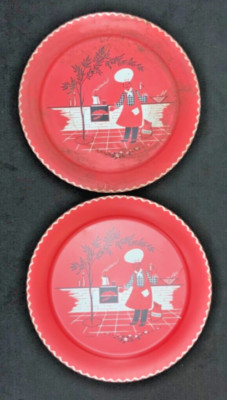 VTG Stoyke 19  Large Red Tin Serving Tray Platter - BBQ Style - LOT 2 - AS IS
