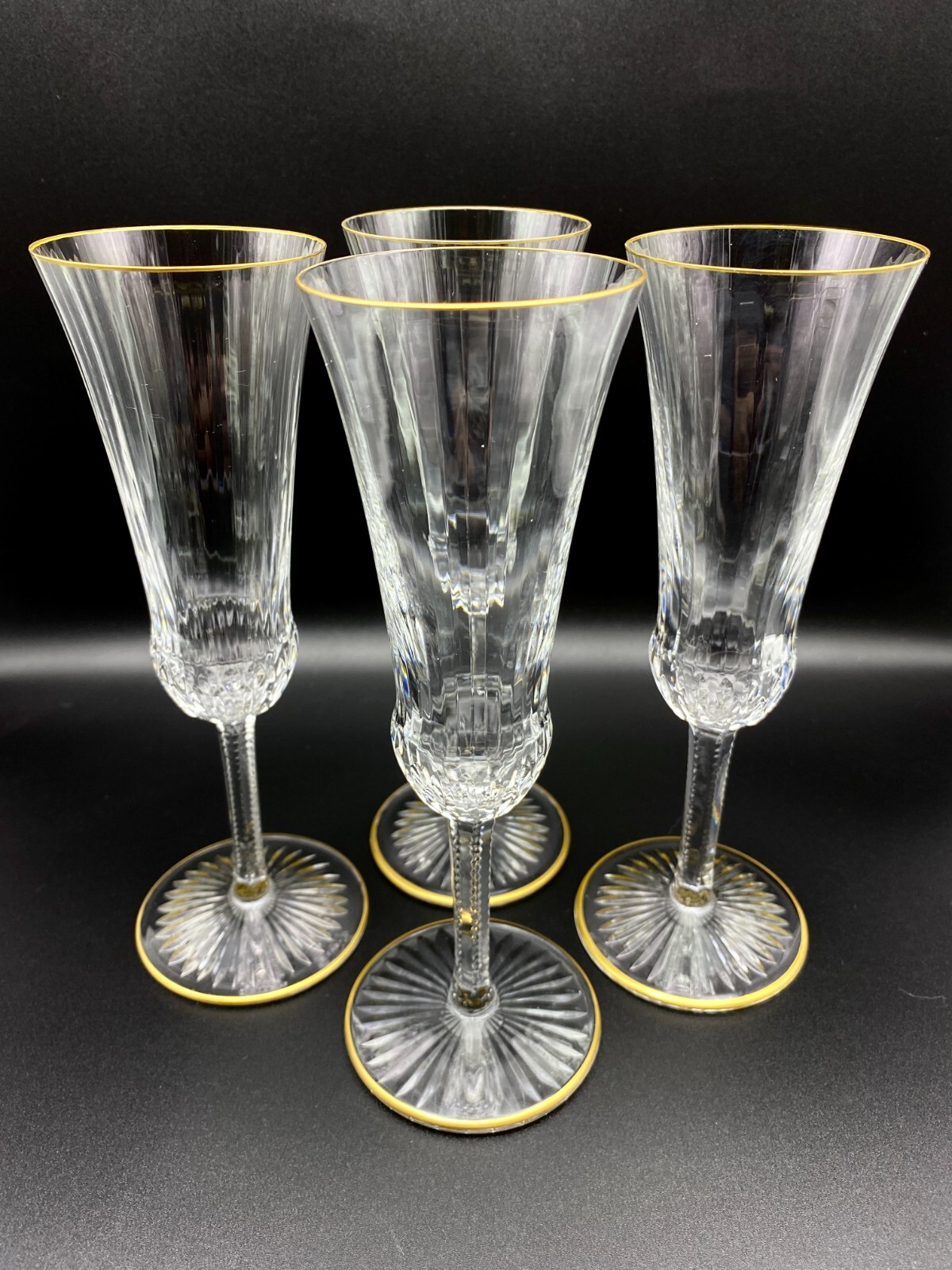 St Louis Apollo Gold 7 3/8" Fluted Champagne Glasses from France: Lot of 4